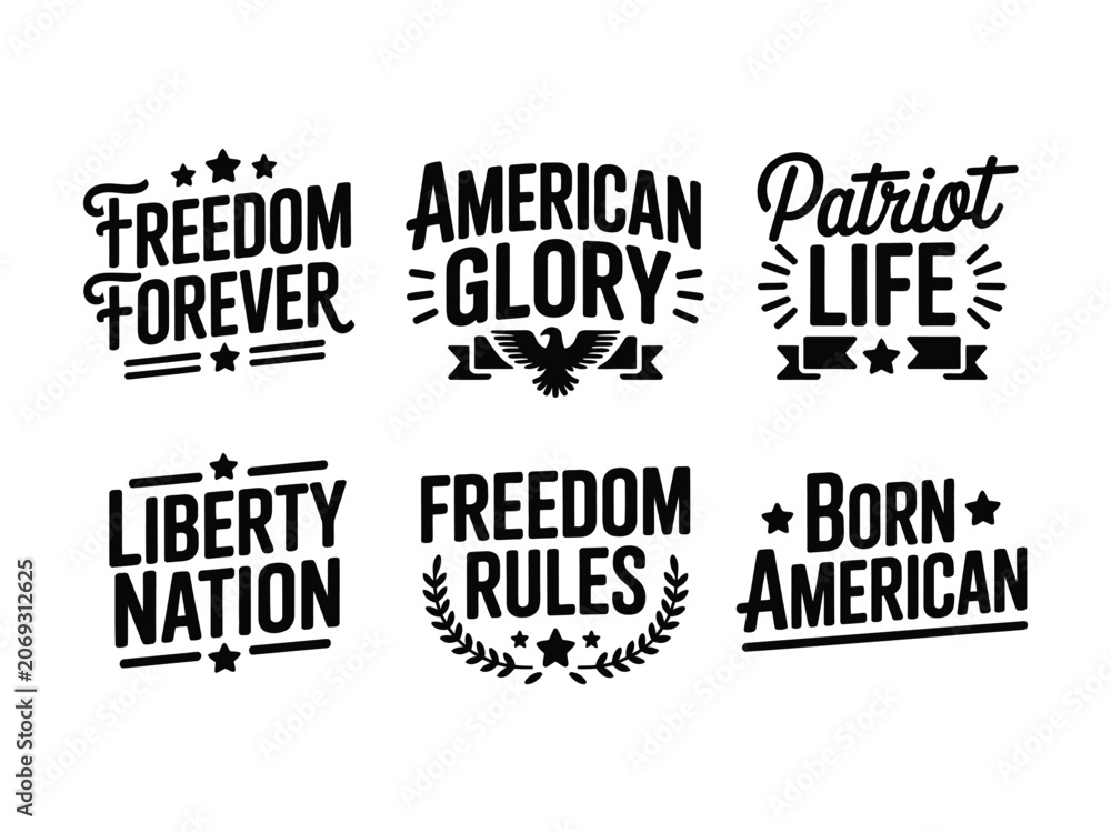 Obraz premium Patriotic american freedom slogans and phrases with stars and laurel wreath on white background
