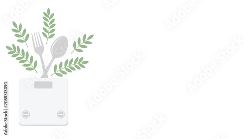 Obraz na plátně White kitchen scale with a fork, spoon, and green leaves emerging from the top for healthy portion control