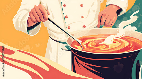 Chef preparing a steaming hot dish with ladle in kitchen environment