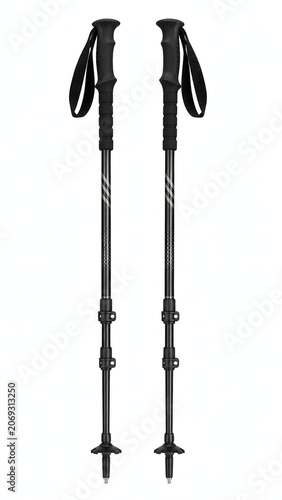 Pair of Adjustable Trekking Poles Isolated on White Background, Hiking and Outdoor Adventure Equipment