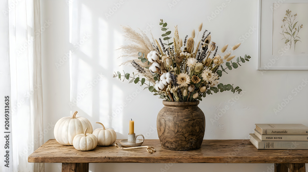 Fototapeta premium Autumnal still life with dried flowers pumpkins and rustic decor