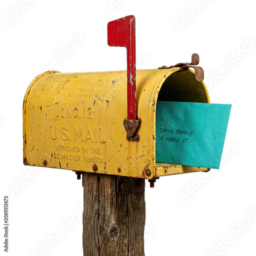 Vintage yellow mailbox with letter on transparent background isolated on transparent background
