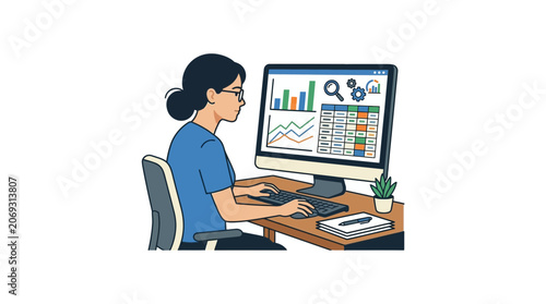 Woman working on computer at desk.