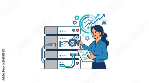 Woman working with computer server technology.