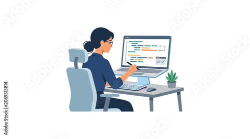 Woman sitting at desk with laptop.