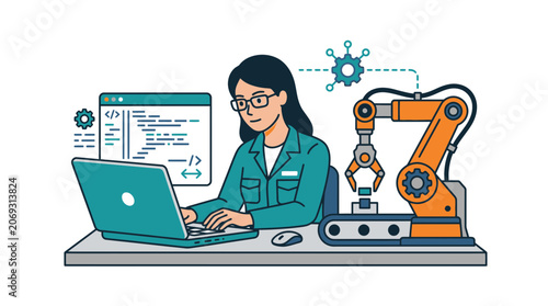 Woman working with robotic arm technology.