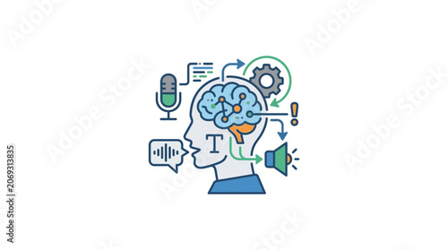 A head with a brain and icons.