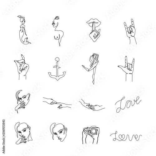Collection of minimalist one line art illustrations female portraits, hands, anchor, camera, love lettering and symbolic elements. Modern continuous line vector set.