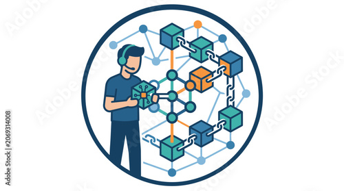 Man interacting with virtual blockchain network.