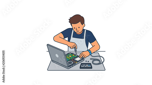 Man repairing laptop computer hardware.
