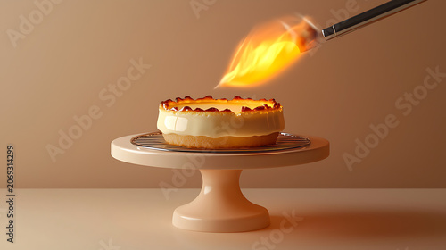 A chef caramelizes sugar on a cheesecake with a blowtorch on a table.