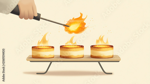 A person caramelizes sugar on creamy desserts with a blowtorch in a kitchen.
