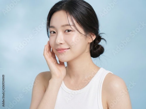 A Beautiful Young Asian Woman With Glowing Skin Against A Blue Background