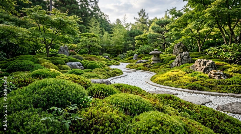 Obraz premium Lush green Japanese zen garden with moss mounds, stone path and stone lantern