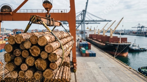 Logs being loaded by crane at a commercial shipping port. Timber export, forestry industry, wood transportation, international trade, logistics, and global supply chain concept