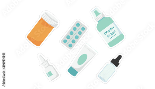 Fotografía Six medicine stickers including pill bottle, blister pack, cough syrup, nasal spray, and cream tube
