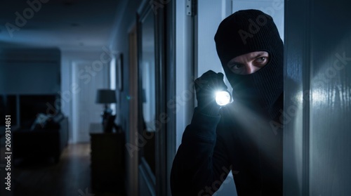 Masked burglar with flashlight inside a dark home. Burglary, home invasion, theft, criminal activity, security risk, property crime, and home protection concept