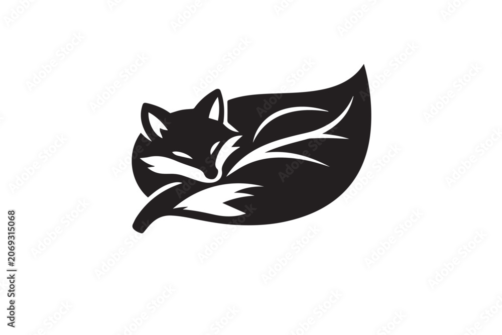 Obraz premium Minimalist fox logo design, stylized sleeping fox shaped like a leaf, creative animal icon