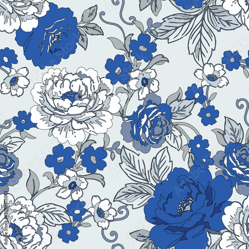 Elegant seamless floral pattern featuring detailed white peonies, blue blossoms, and grey leaves. Perfect for vintage textiles and wallpaper.
