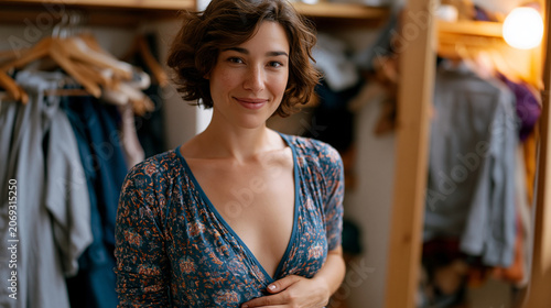 Woman in her thirties standing in front of a dressing room mirror with one hand on her stomach, expression shifting from habitual self-criticism toward cautious acceptance, a stack of rejected garme