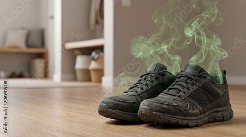 Worn sneakers emitting unpleasant smell indoors. Foot odor, sweaty shoes, hygiene issues, bacteria growth, household discomfort, and shoe deodorizing concept