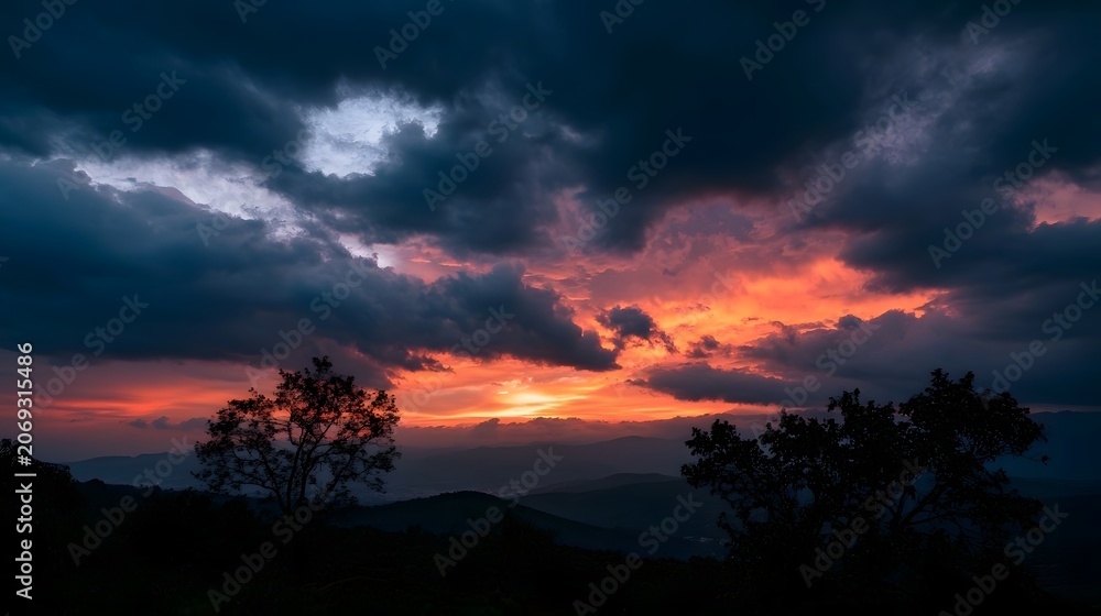 Fototapeta premium A majestic and mystical sunset illuminates the distant horizon with dramatic colorful skies