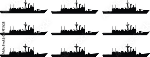 Bild auf Leinwand Warship silhouette vector illustration set, military navy battle ship icons isol