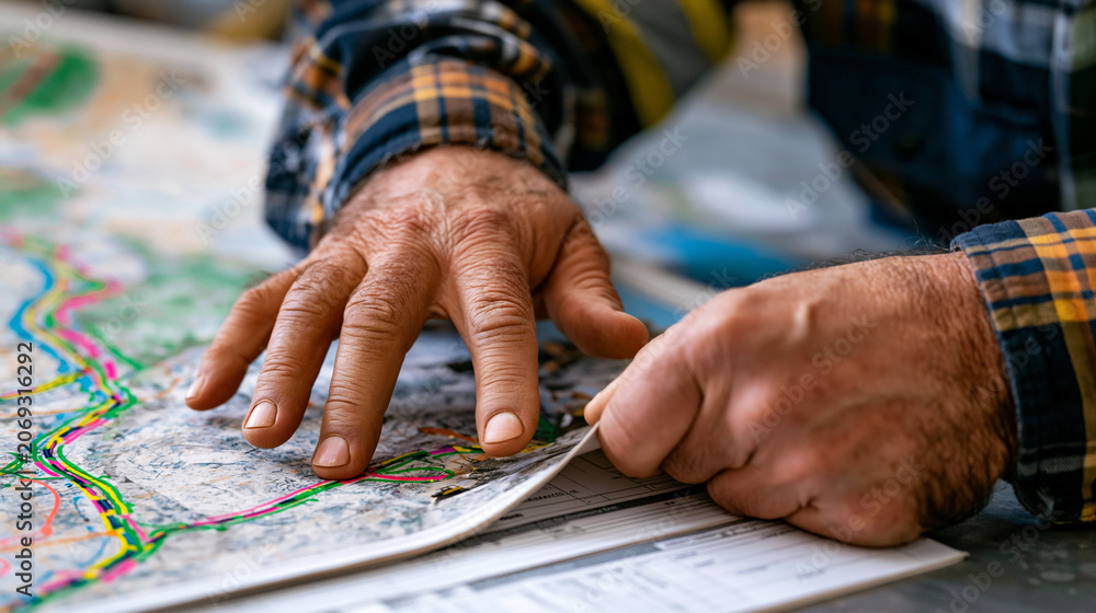 Fototapeta premium Close-up of weathered hands unfolding large-format oversize cargo routing map across steel planning table, route highlighter marks visible, permit application forms layered underneath, logistics spe