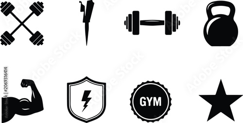 Tableau sur toile Set of black and white gym and fitness icons featuring weights dumbbells kettleb