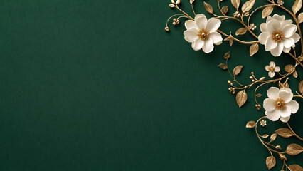 Elegant Dark Emerald Green Background with White Flowers, Gold Vine Border, Metallic Leaves, and Large Empty Copy Space