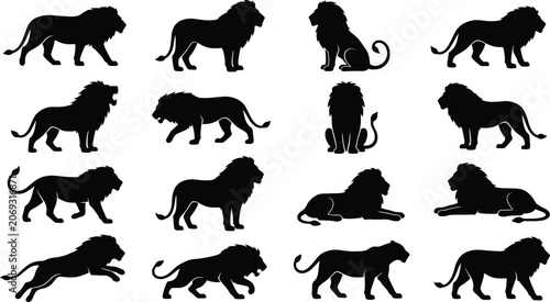 Tableau sur toile Lion silhouette vector illustration set, wild animal predatory cats graphics, is