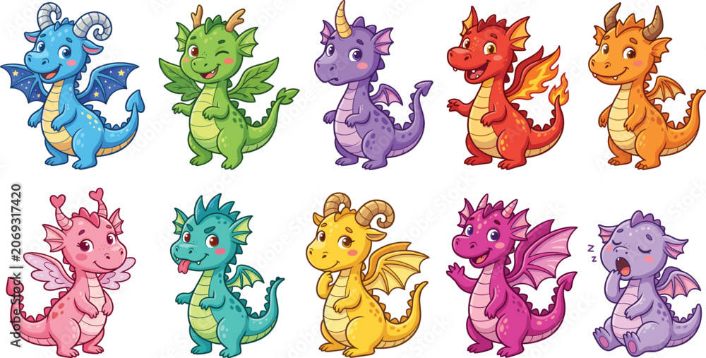 Obraz premium Cute cartoon baby dragons vector character set with colorful mythical fantasy creatures