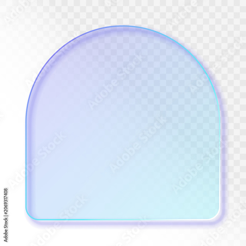 Glassmorphism arch frame with blue and purple gradient. Realistic transparent arch glass plate mockup. Frosted acrylic plastic effect background for web design, app interface, and digital poster.