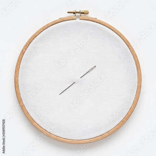 Embroidery hoop with white linen fabric and needle on light background  