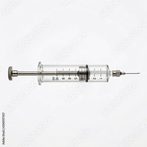 Antique glass syringe with metal needle on neutral background  