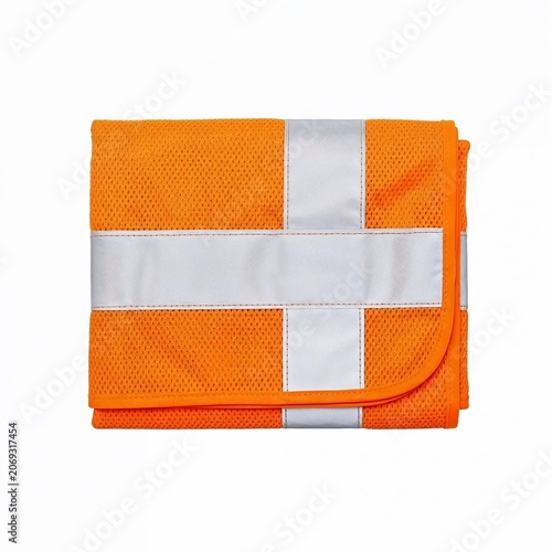 Bright orange reflective safety vest folded on white background  