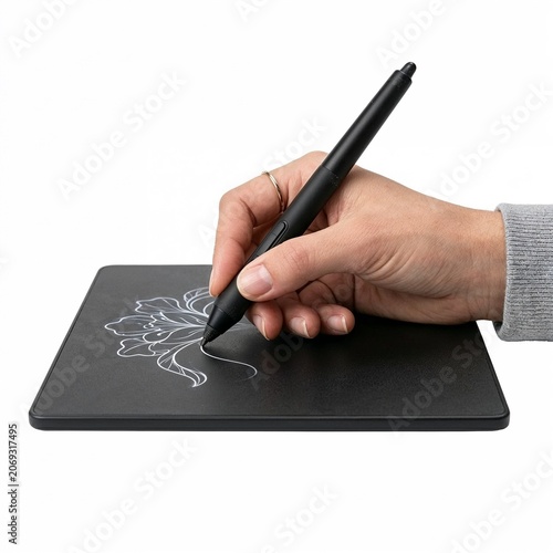 Hand drawing floral design on graphic tablet with black stylus  