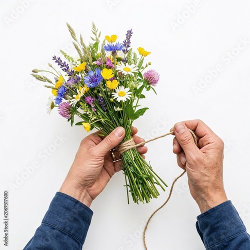 Hands tying a bouquet of wildflowers with twine on white background  