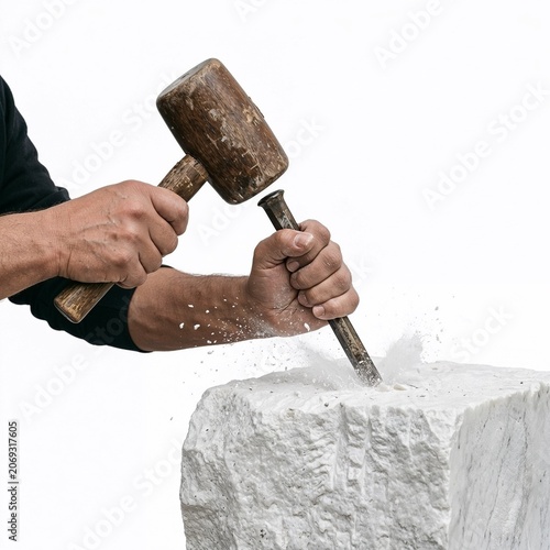 Sculptor chiseling stone with mallet and chisel indoors  