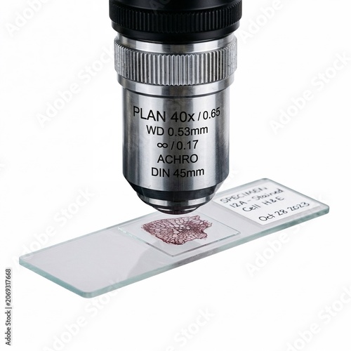 Microscope lens focusing on glass slide with specimen for analysis  