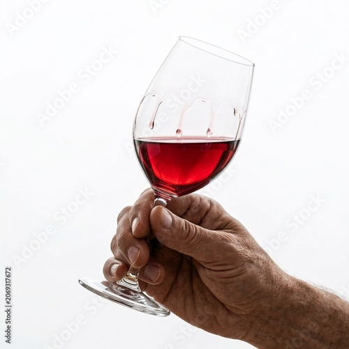 Hand holding a glass of dark red wine on white background  