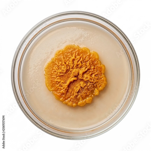 Petri dish with bright round colony of bacteria on agar medium  