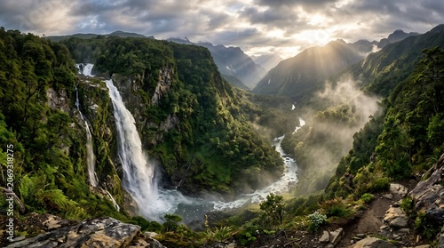 Waterfall cascades down a steep mountain cliff into a rushing river valley at sunset, creating a serene and vast landscape scene that captures the powerful beauty of wild nature and Earth geography.