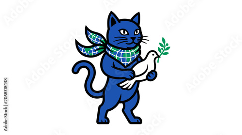 Blue cat wearing globe scarf holding white dove of peace
