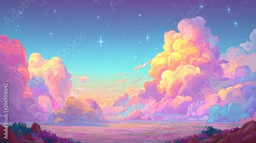 Pastel colored cumulus clouds dominate a vast horizon under a starry twilight sky