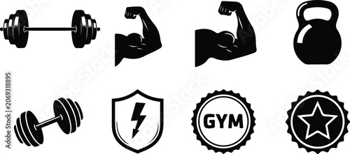 Photos Set of black and white gym fitness icons featuring weights barbells muscle flexi