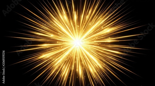 Golden starburst explosion with radiant light streaks on black background