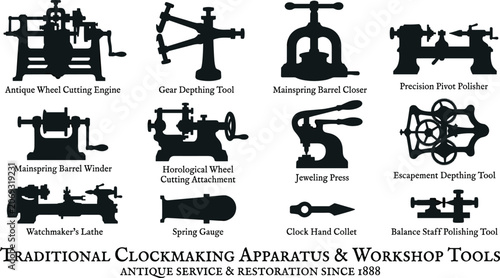 Traditional Clockmaking Apparatus and Antique Workshop Tool Silhouette Icon Set Featuring Precision Watchmaker Lathe Gear Depthing Tool and Jeweling Press Isolated on White