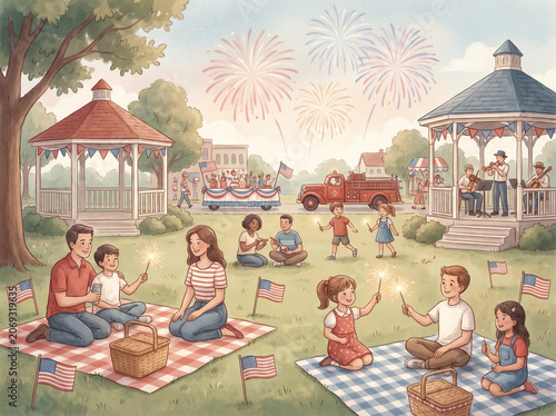 Happy community gathering with sparklers near a vintage park gazebo