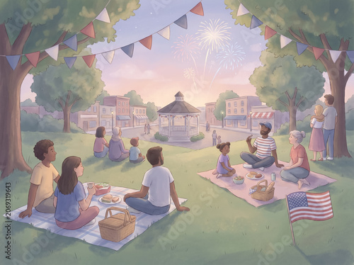 Beautiful evening community block party with festive holiday fireworks